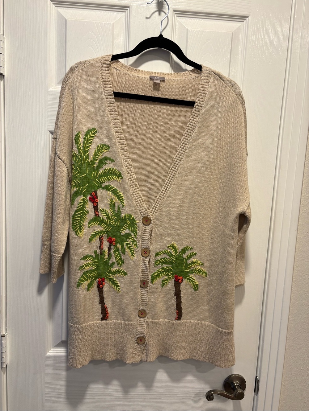 J. Jill Beige Cardigan with Green Palm Embroidery